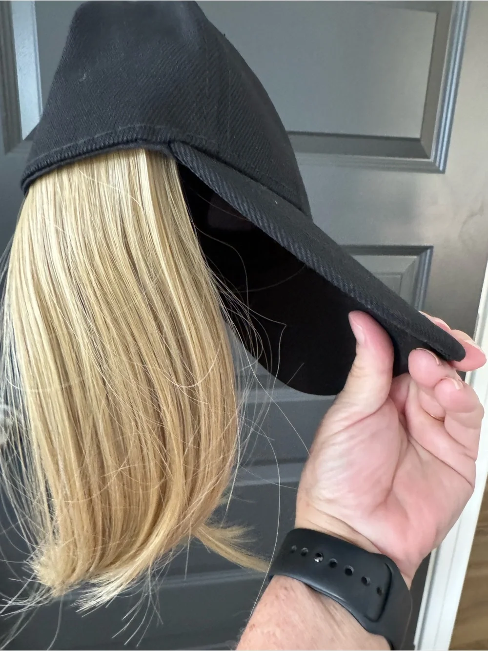 Black Baseball Cap with Blonde Wig Attachment
